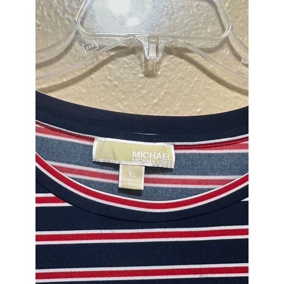 Michael Kors Navy‎ Red Striped Puff Sleeve Top Women’s XL Stretchy Casual - Picture 2 of 9